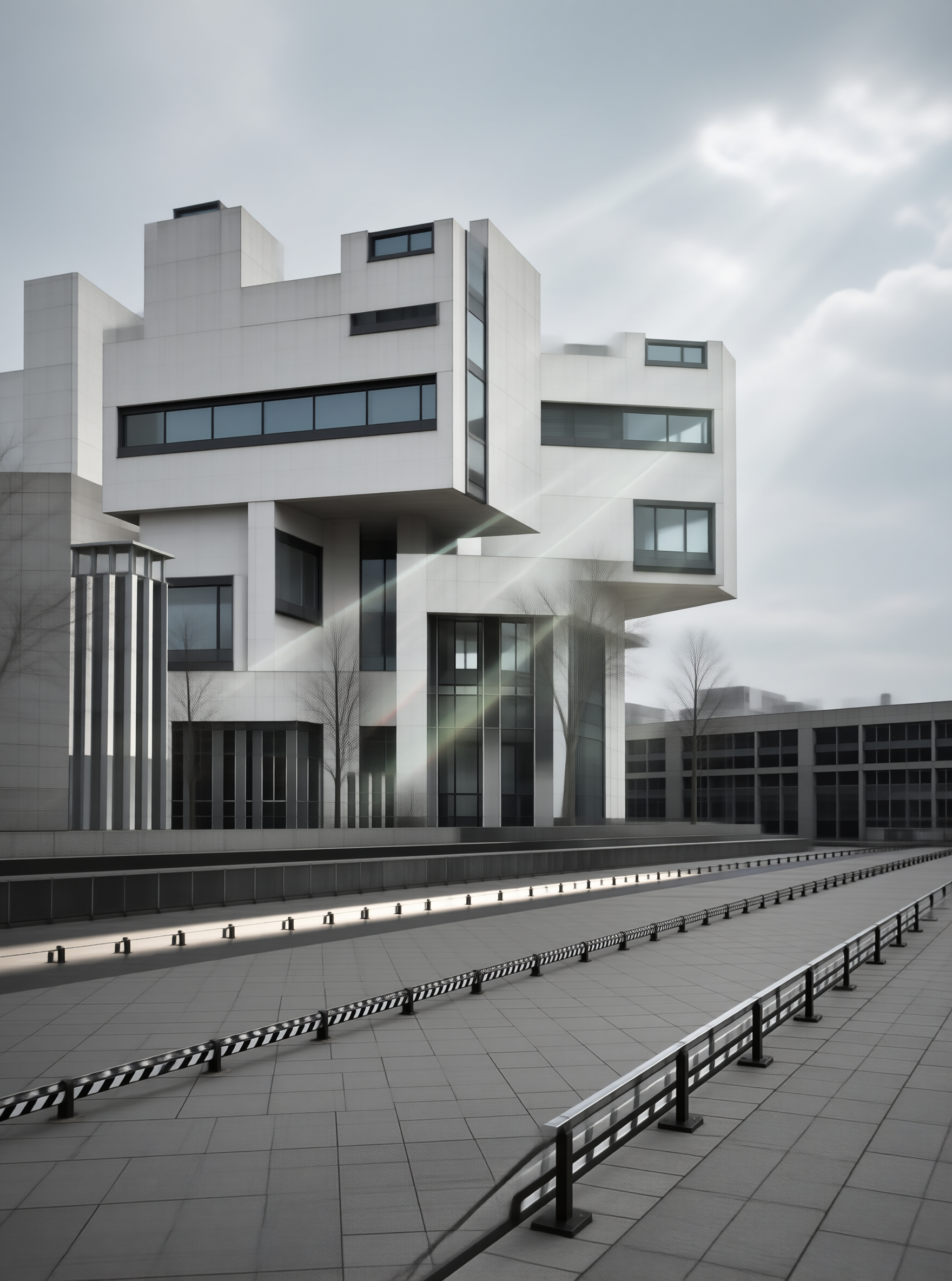 Cubist Pavilion in Overcast Plaza