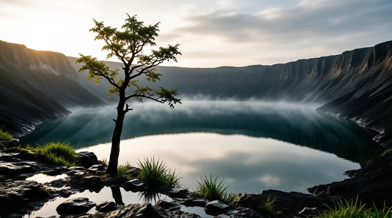 A slender tree leans over rocky ground beside a calm volcanic crater lake veiled in drifting morning mist.