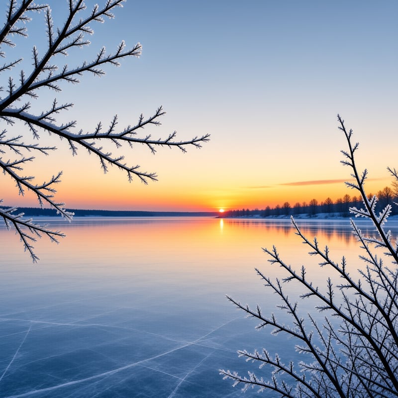 Winter Sunset on Frozen Lake