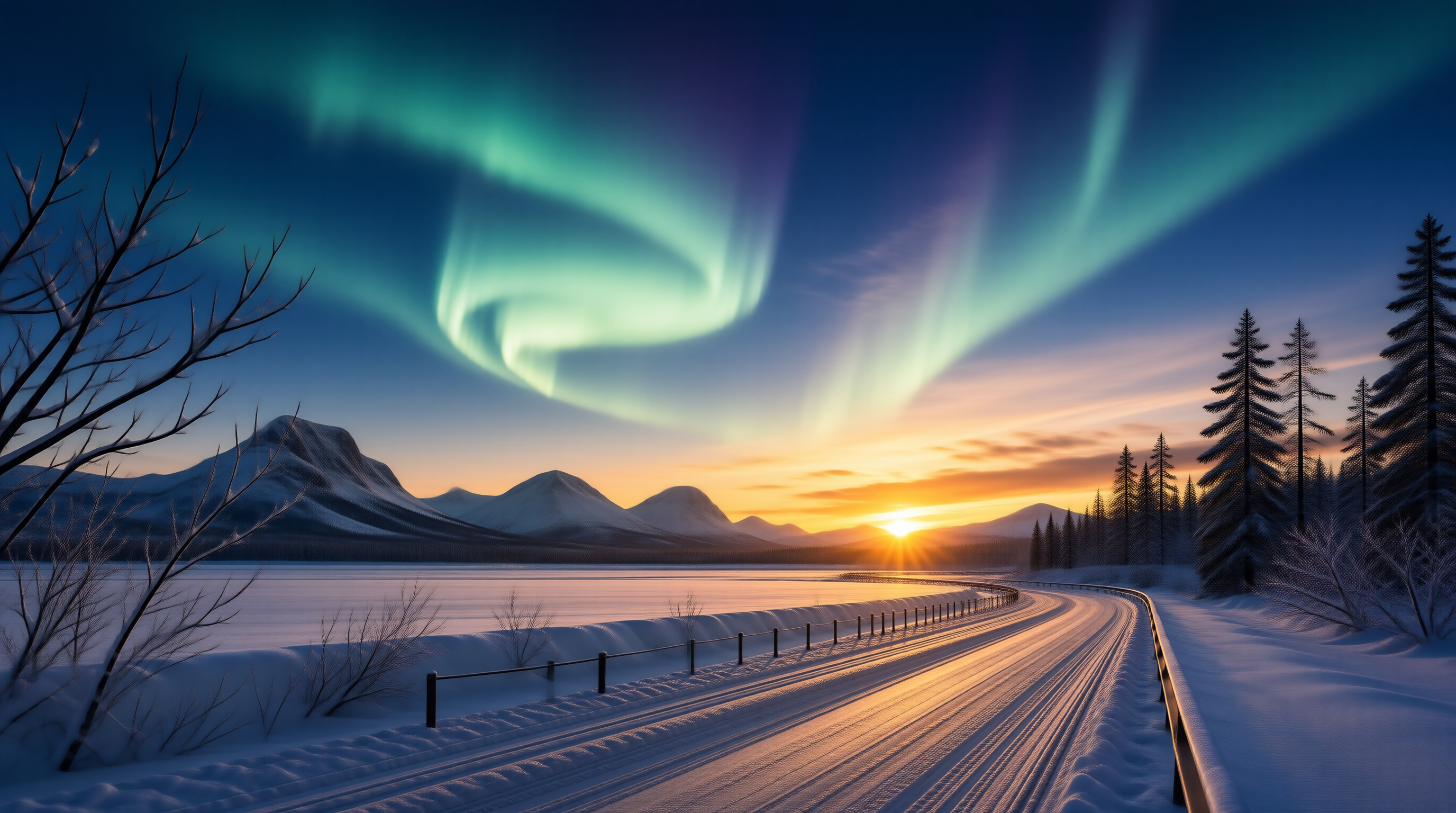 Aurora Over Snowy Road
