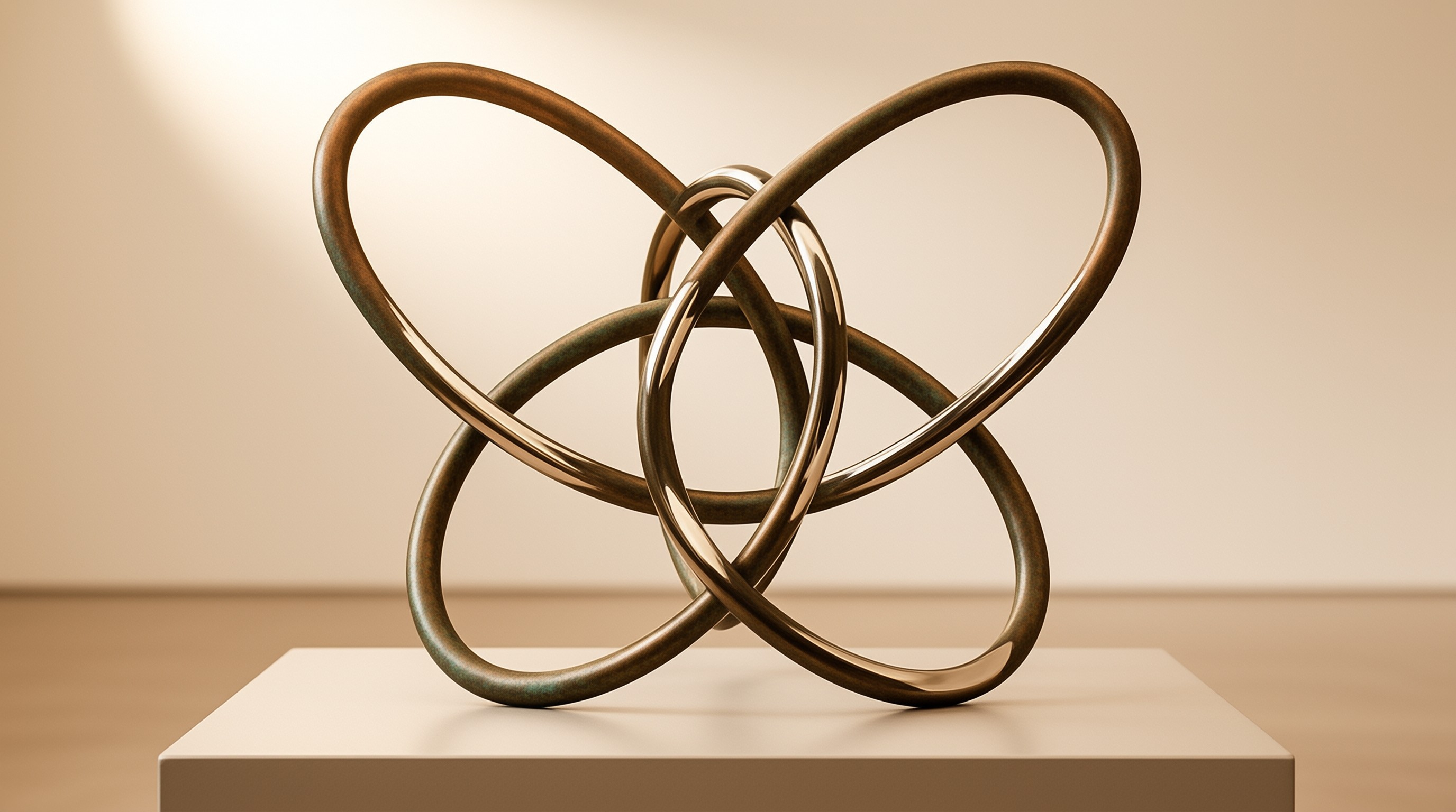 A complex metallic knot rests on a plain white block against a beige wall with directional highlights.