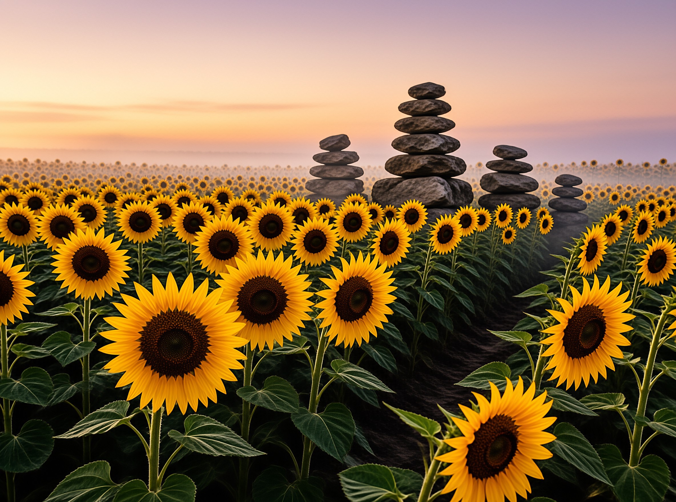 Several balanced stone towers rise above a vast expanse of blooming yellow flowers beneath a gradient twilight sky.
