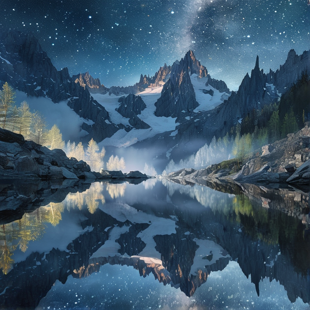 Starry Night Mountain Reflection