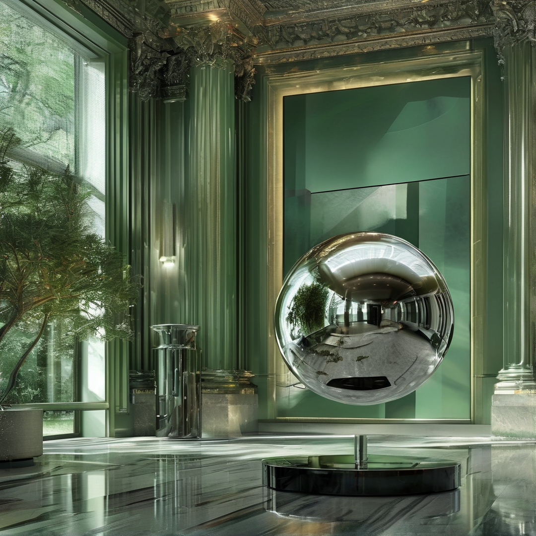 A polished chrome sphere stands in a green ornate room with a large window and reflective marble flooring.