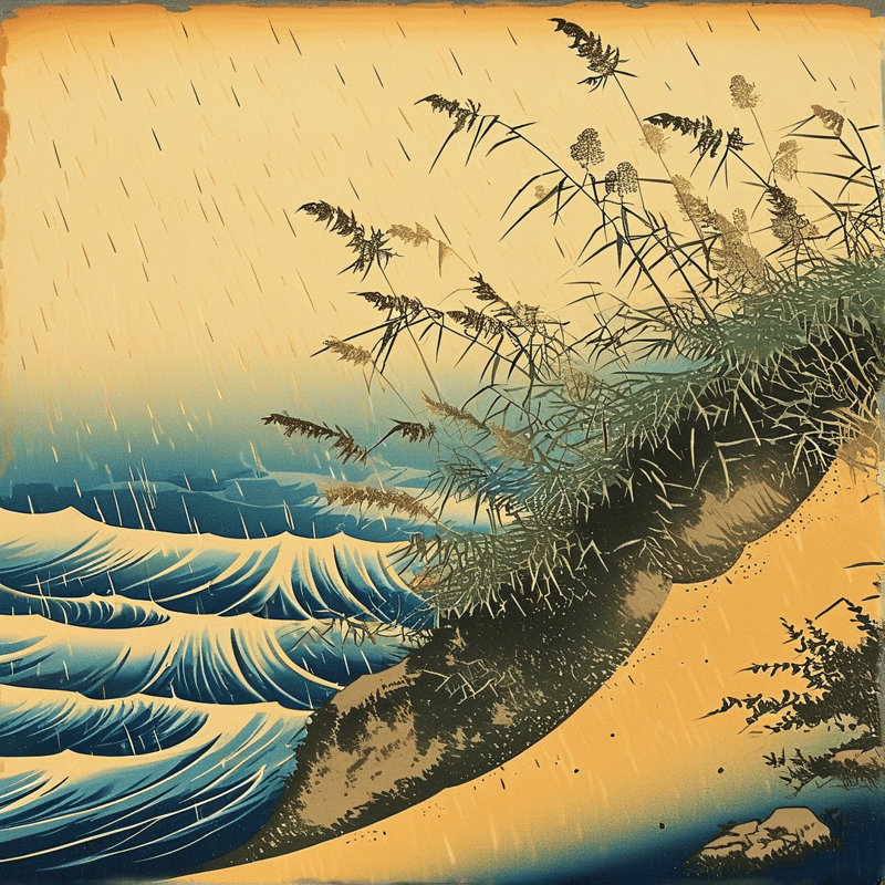 Coastal grasses lean right as blue waves crash near a sandy shore during a heavy rainstorm.