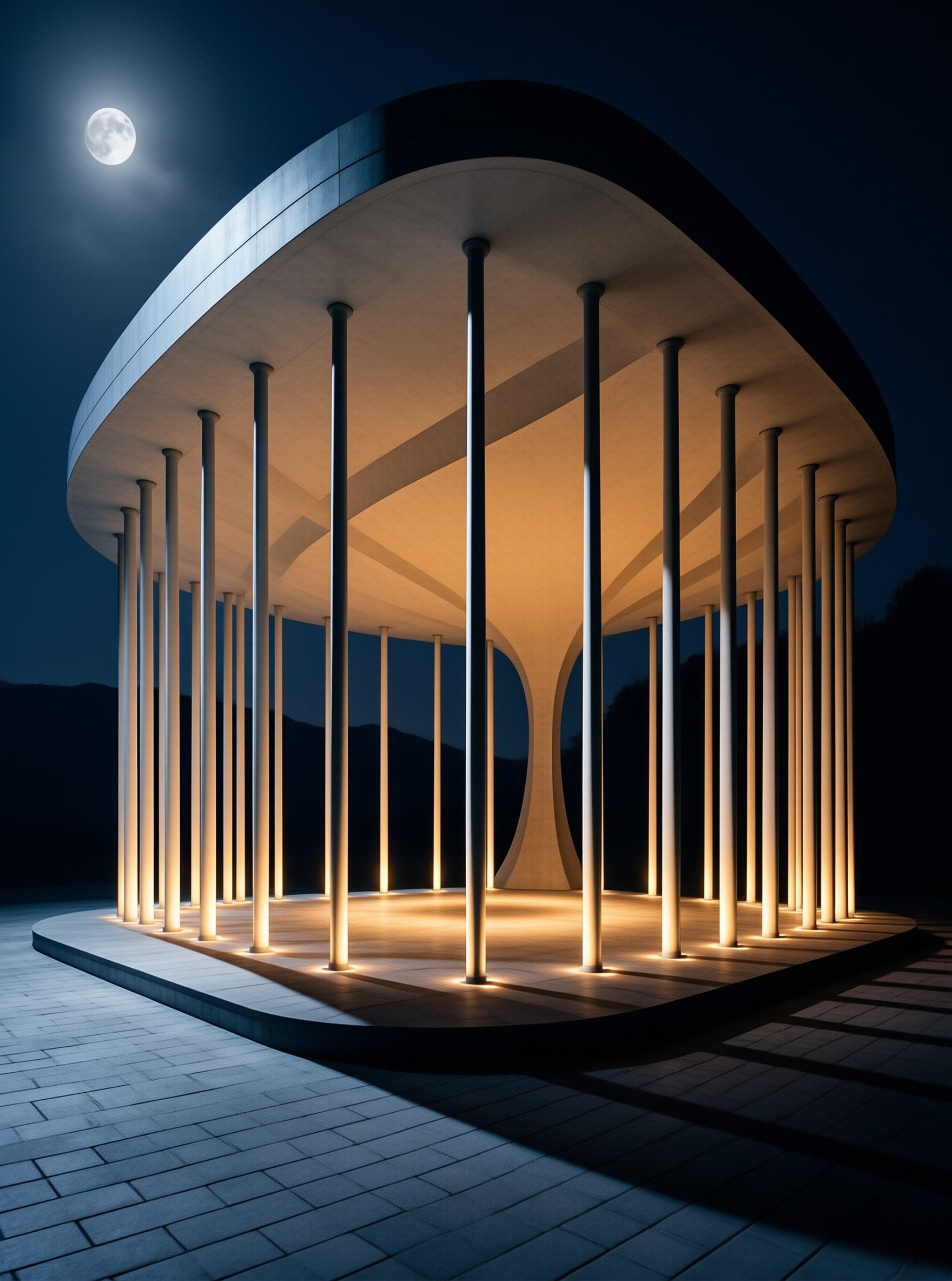 Slender columns support a curved canopy that glows warm at night while a full moon hangs overhead