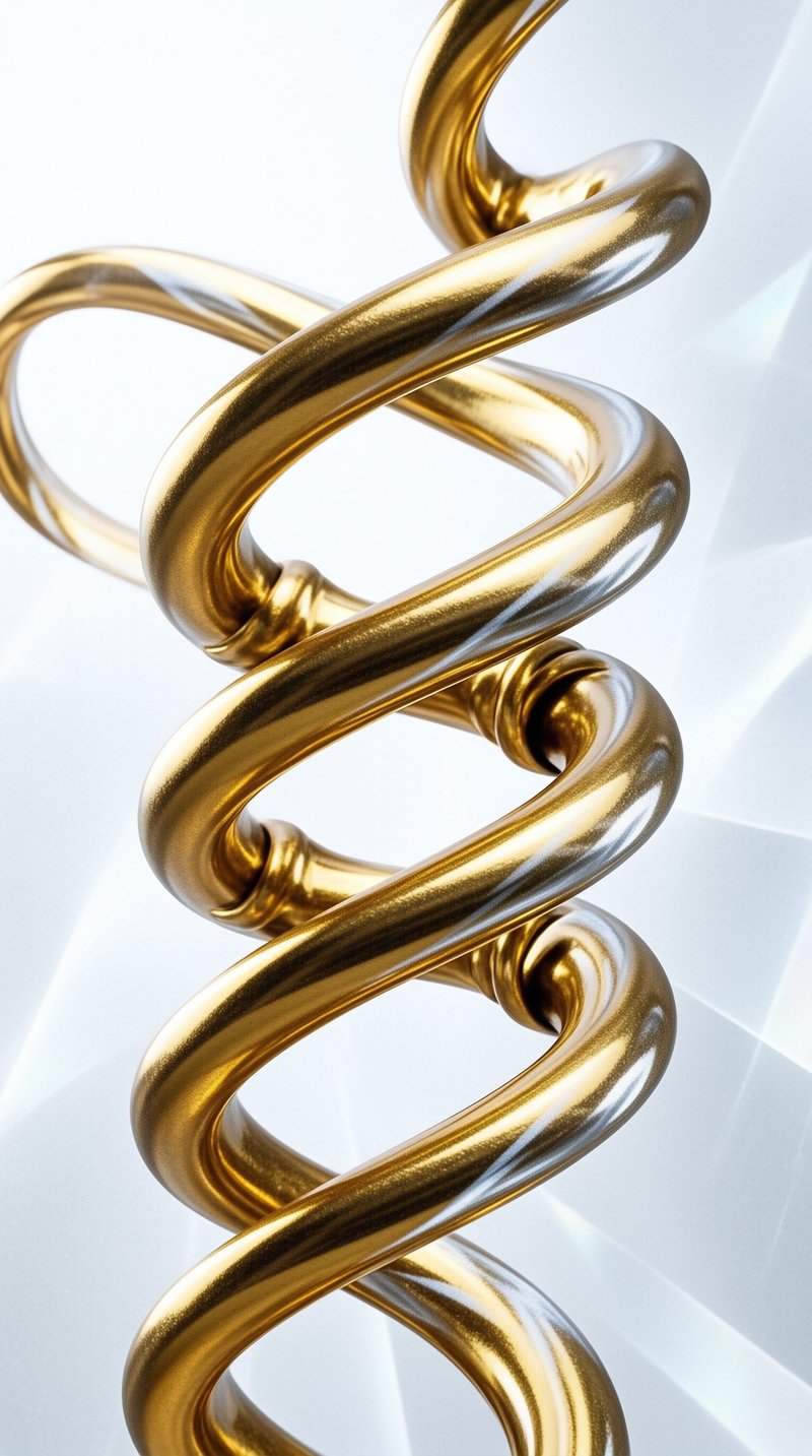 A glossy metallic gold spiral twists vertically within a bright white setting showing sharp reflections.