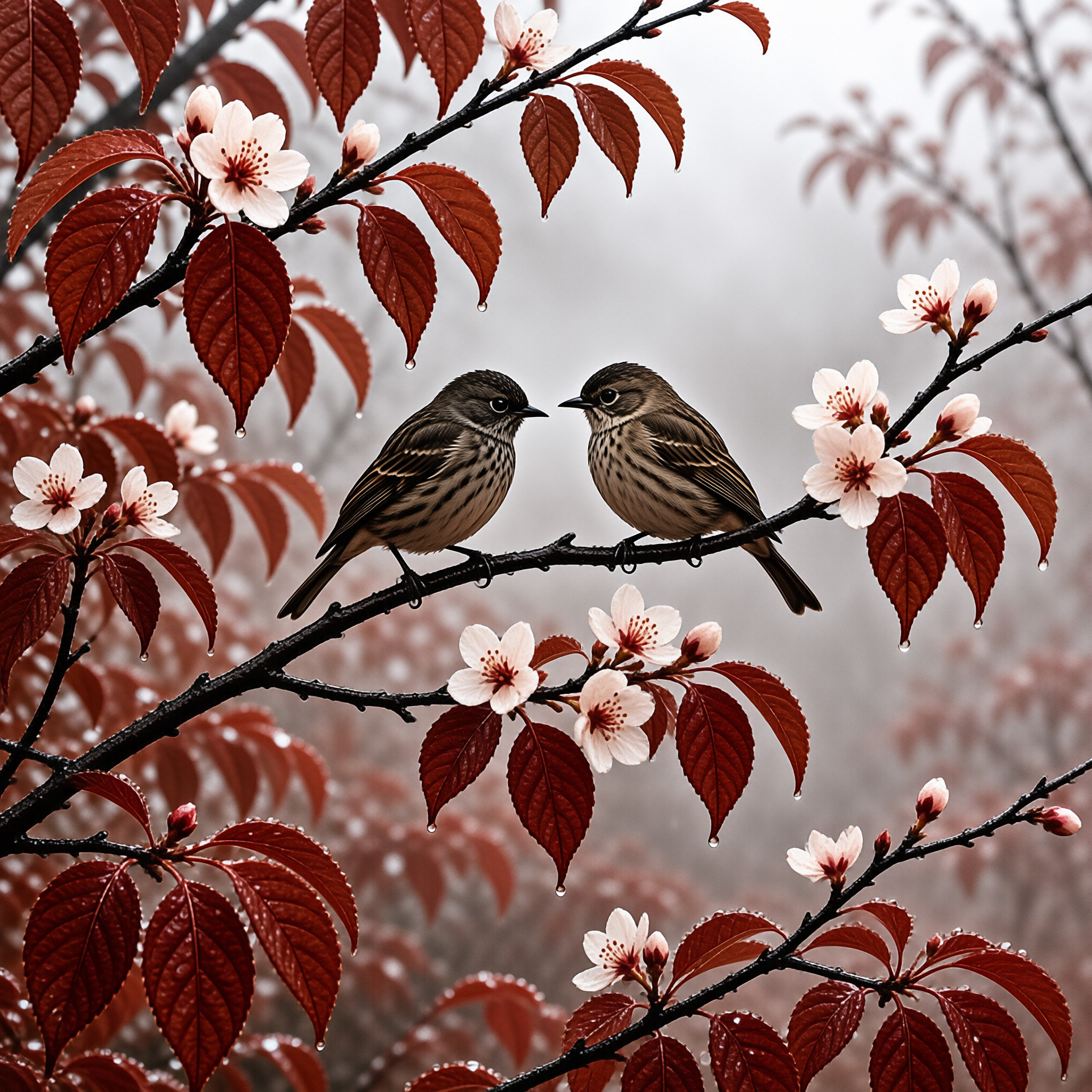 Two small brown birds sit close together on a dark branch surrounded by deep red leaves and delicate white flowers with dewdrops hanging from the tips.