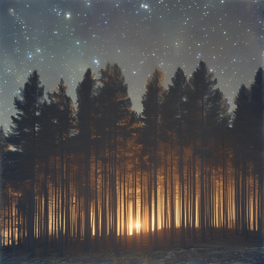Tall pines silhouette against a starry night sky with a warm glow rising from the forest floor below.