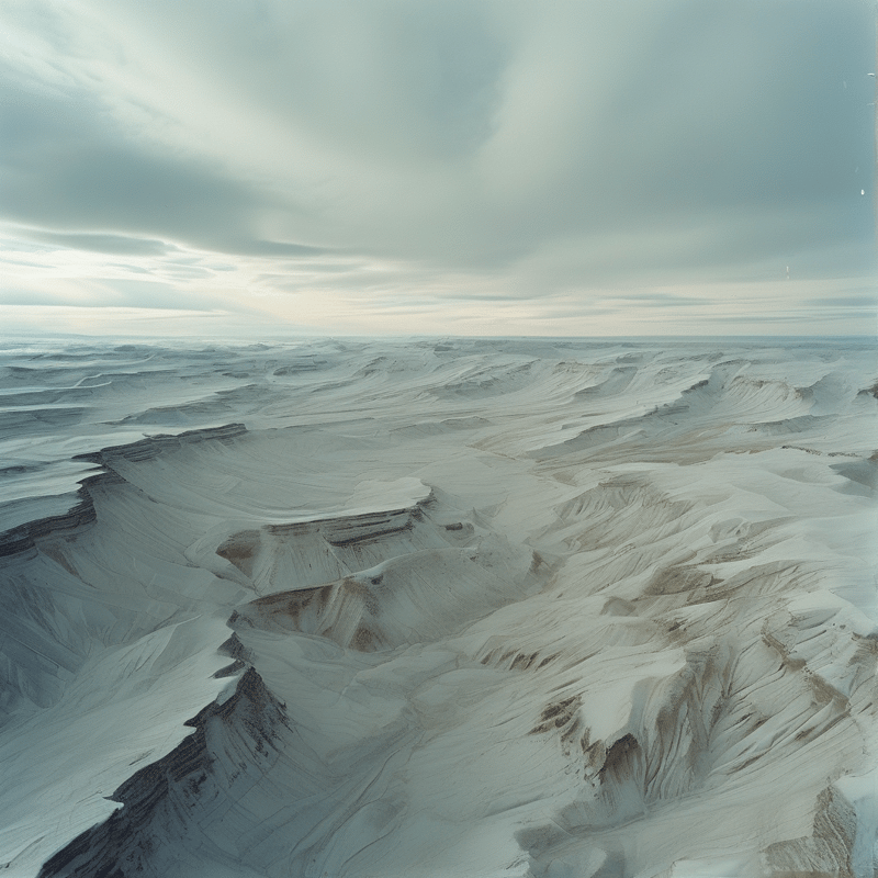An aerial view of snow-blanketed eroded hills and gullies stretching to a flat horizon under a soft overcast winter sky.