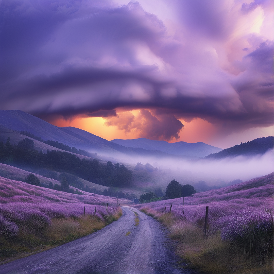 Misty Lavender Road Sunset