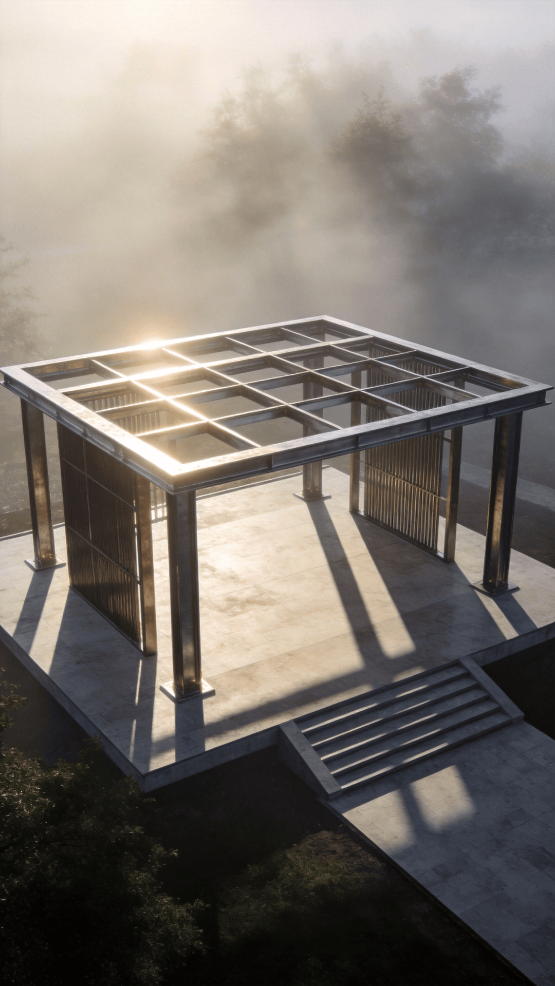 Pavilion with Steel Frame — Foggy Morning