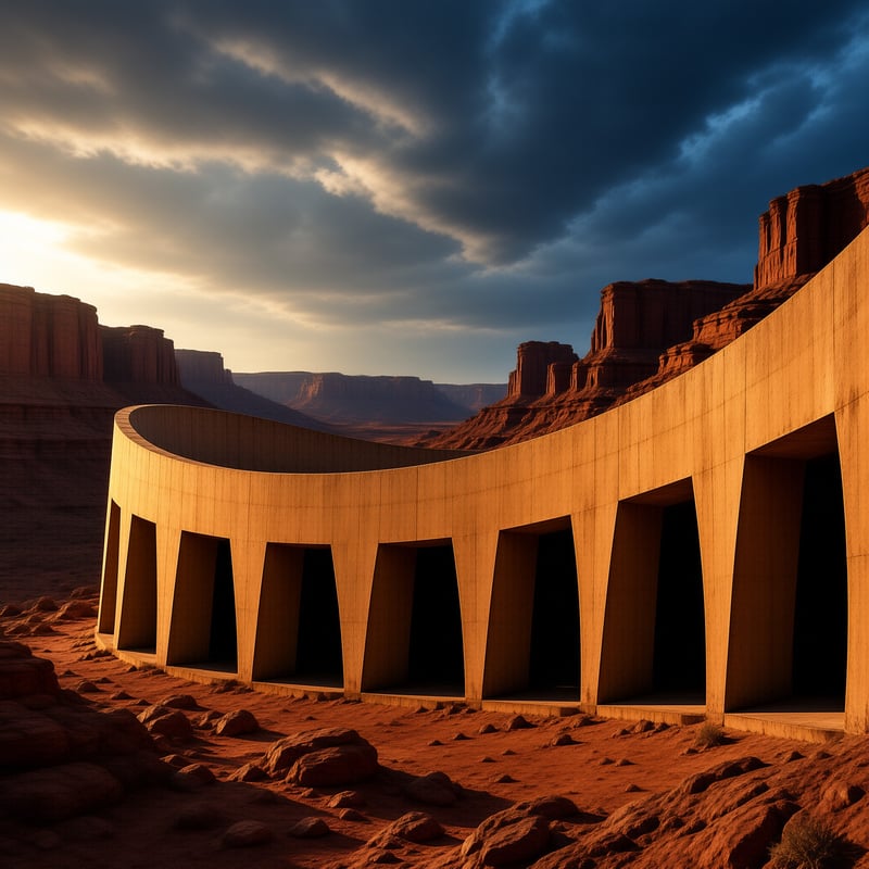 Curved concrete wall with rectangular openings on red desert rock under warm sunset light and dark dramatic clouds