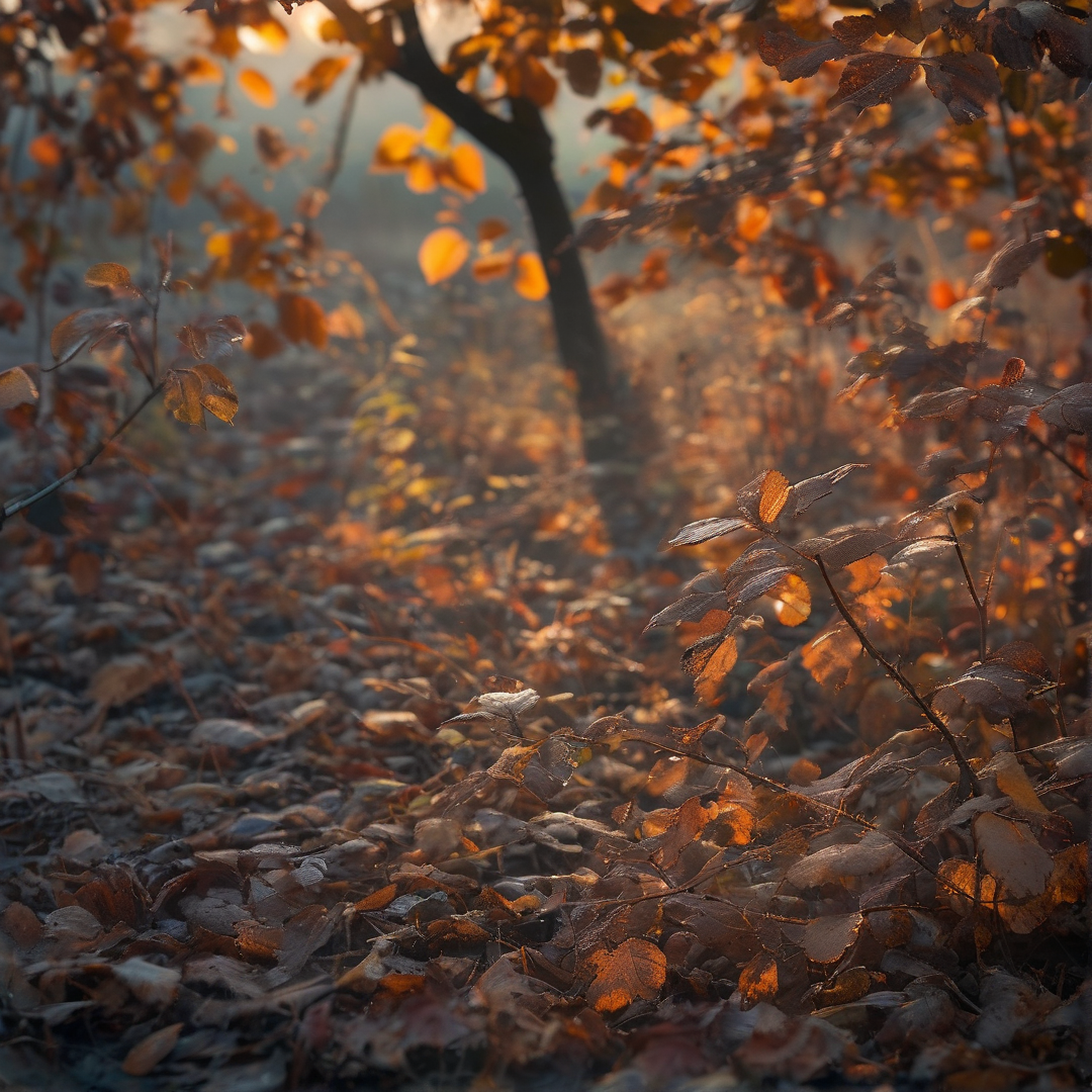 Warm rays filter through orange branches casting a glow over a carpet of dried brown vegetation.