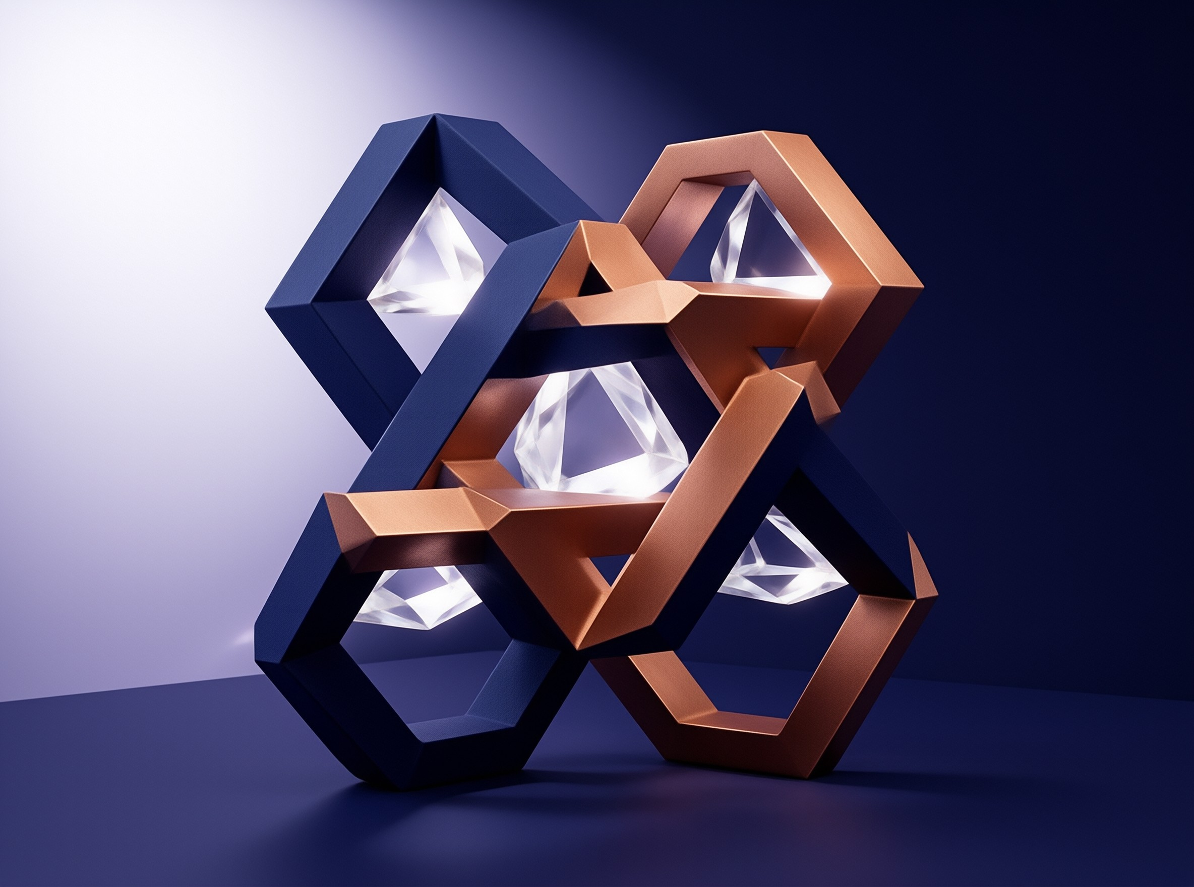 Matte navy and copper bands weave through each other around luminous faceted crystals on a violet stage.
