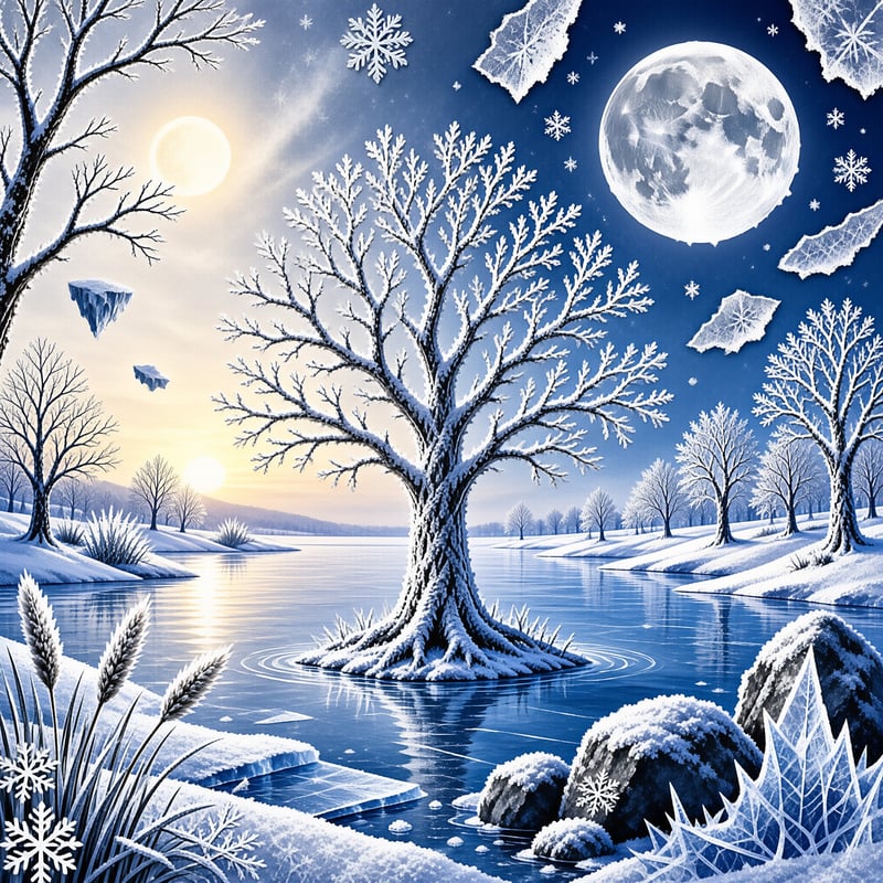 A large frosted tree stands on an island in a blue river beneath a bright full moon and floating ice fragments.
