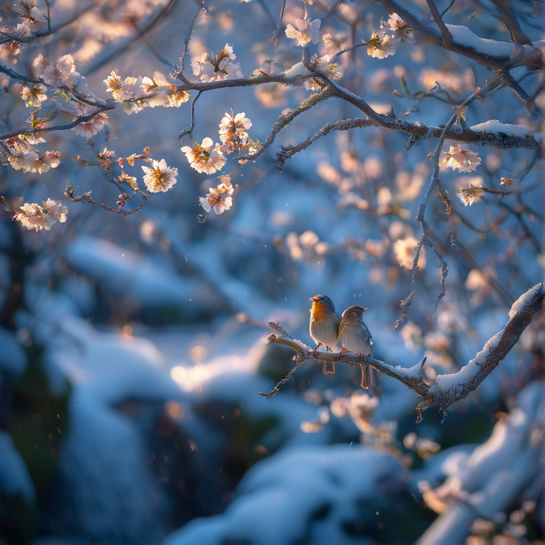 A pair of small songbirds rest together on a frosted branch dotted with pale blossoms in soft winter morning light.