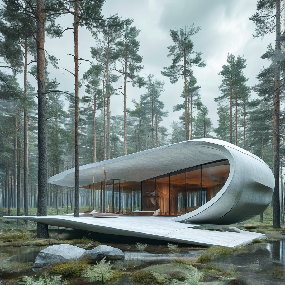 A sleek white structure with glass walls rests within a dense pine forest revealing warm orange light inside
