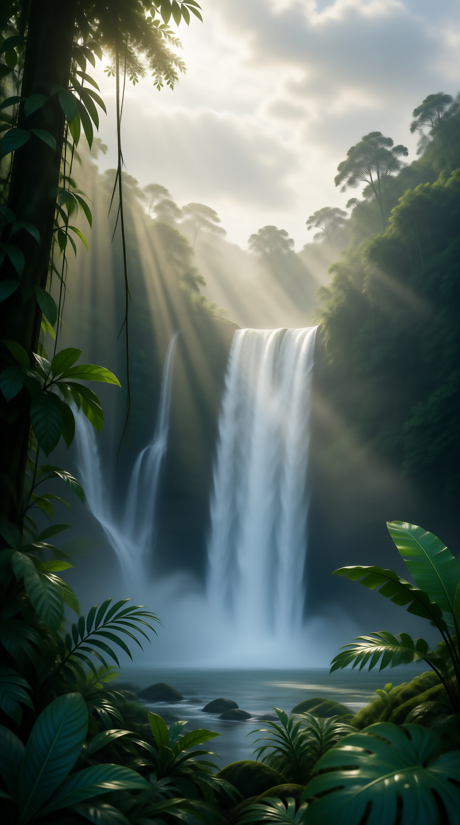 Sunlit Jungle Waterfall