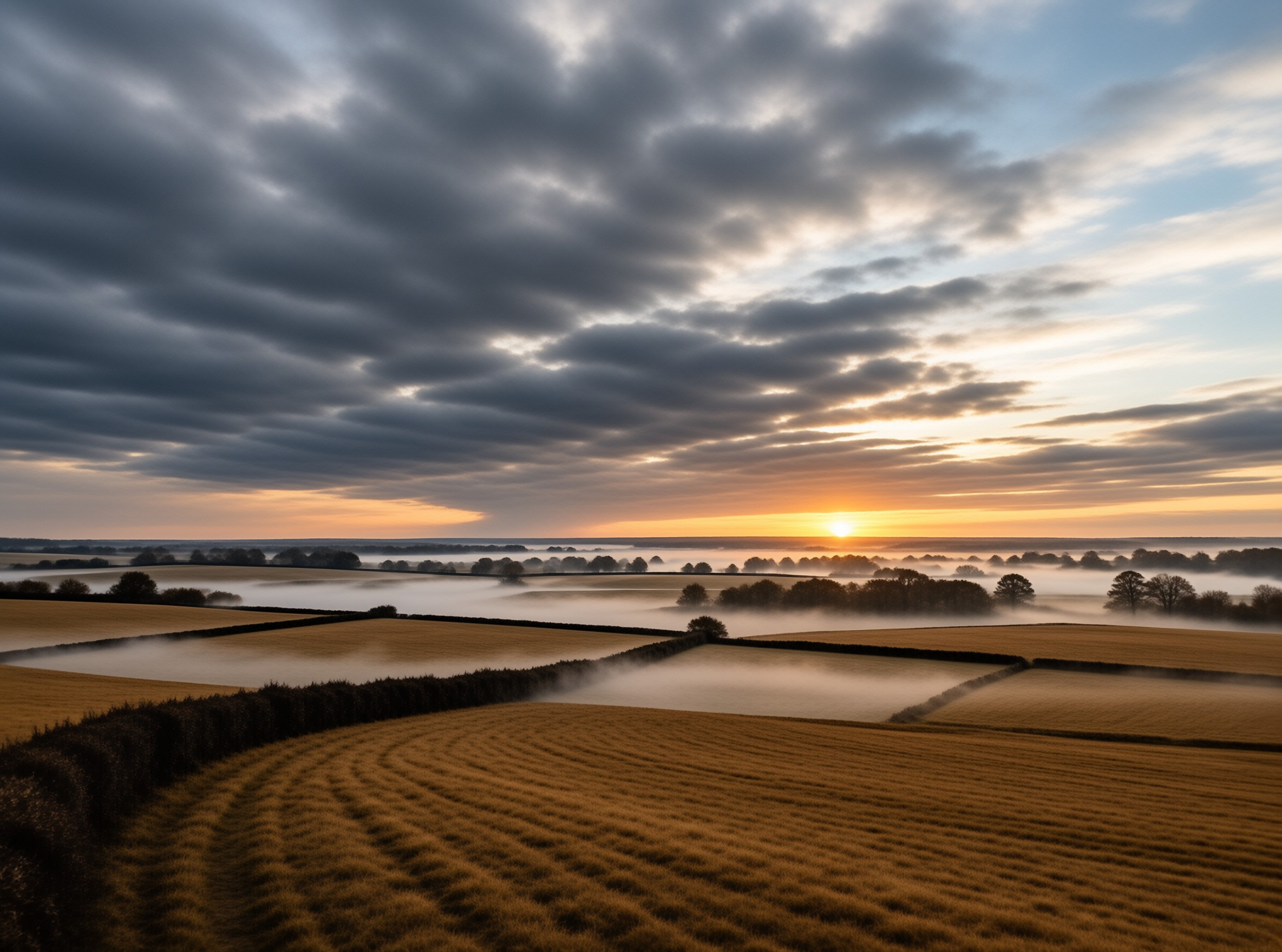 Misty Farmland Sunrise
