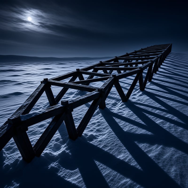 An old wooden pier framework stretches across blue night snow, casting long lattice shadows under a low winter moon.