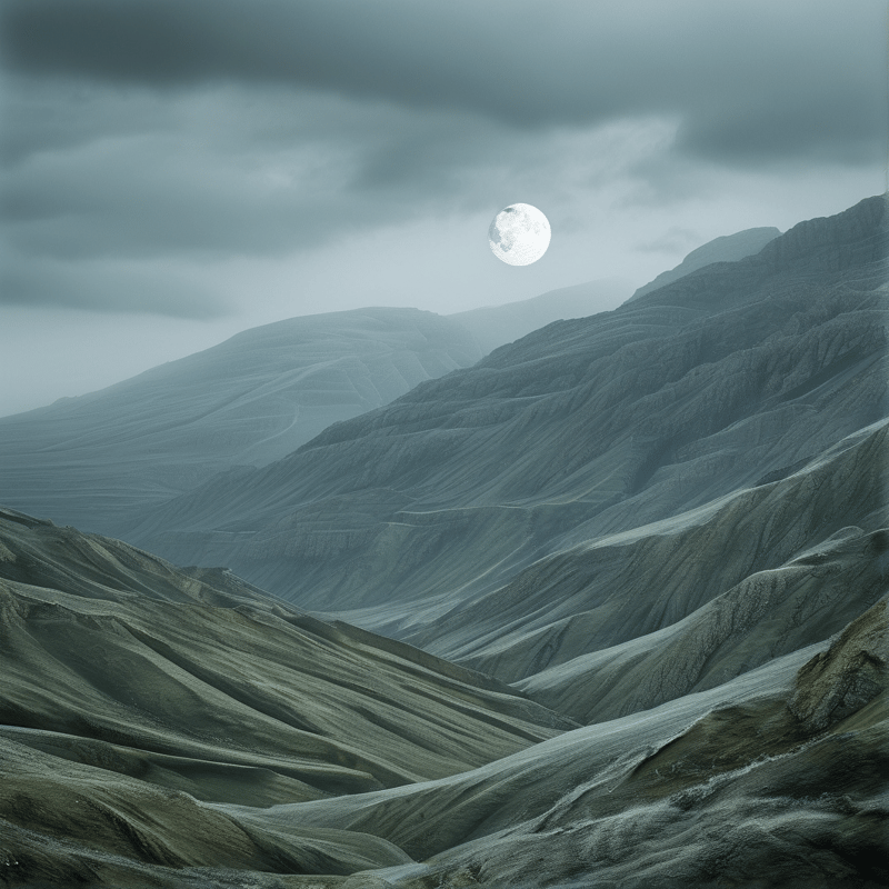 A landscape view of striated hills beneath a full moon and overcast grey clouds.