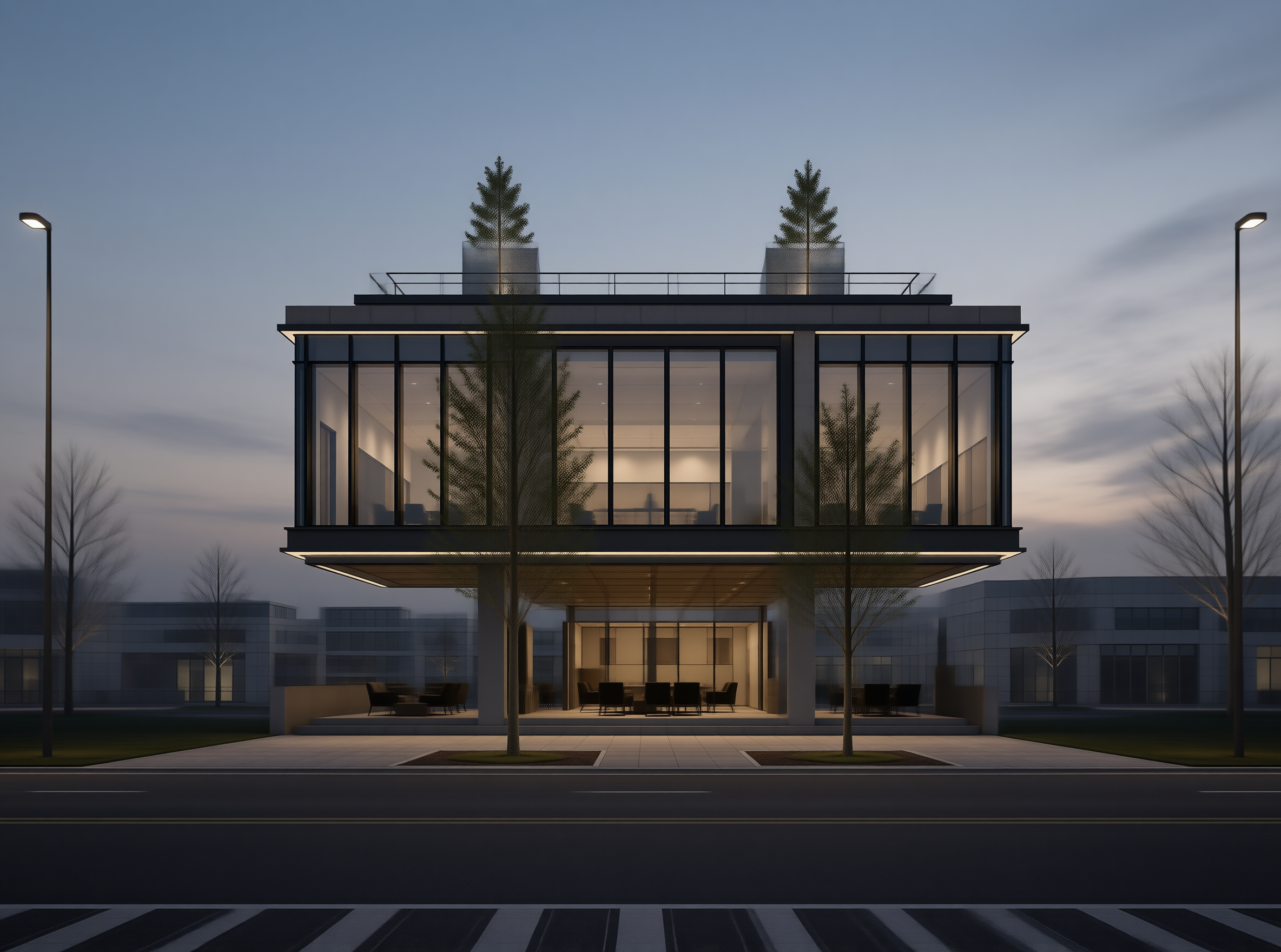 Modern Glass Building at Dusk