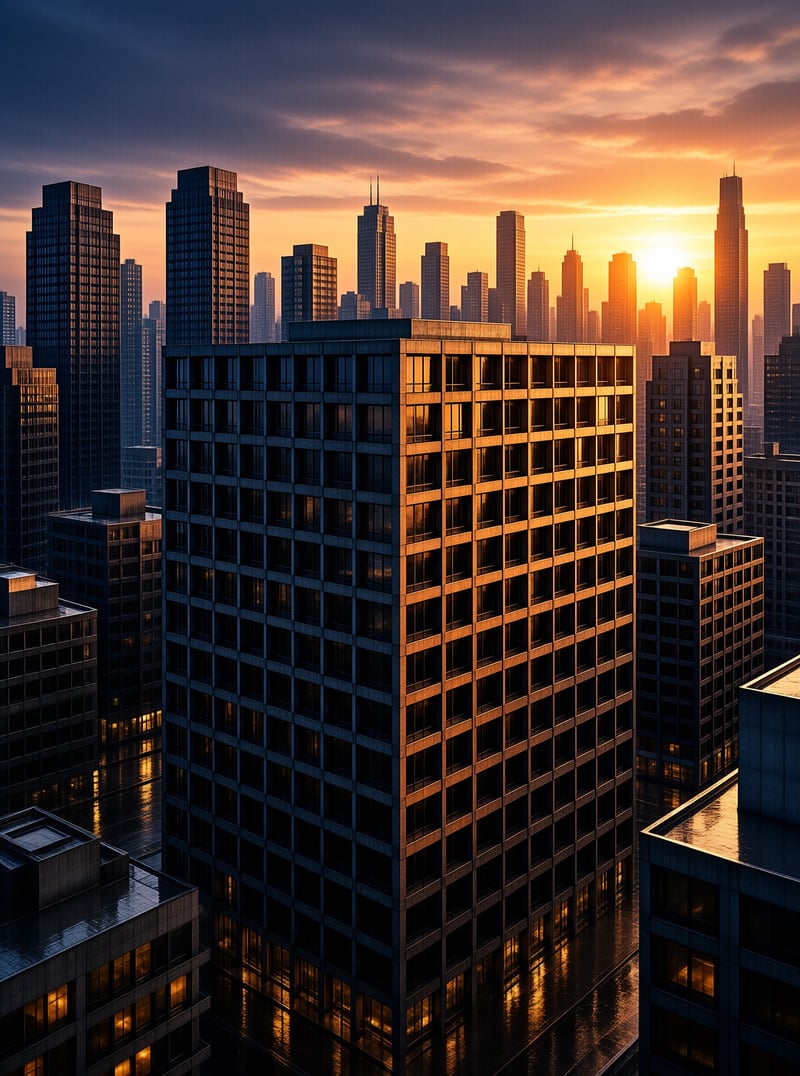 A large office building dominates the foreground while distant skyscrapers silhouette against a glowing orange sunset sky.