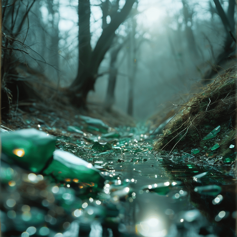 Scattered emerald bottle glass glints in a shallow woodland stream as pale sunbeams filter through foggy bare trees.