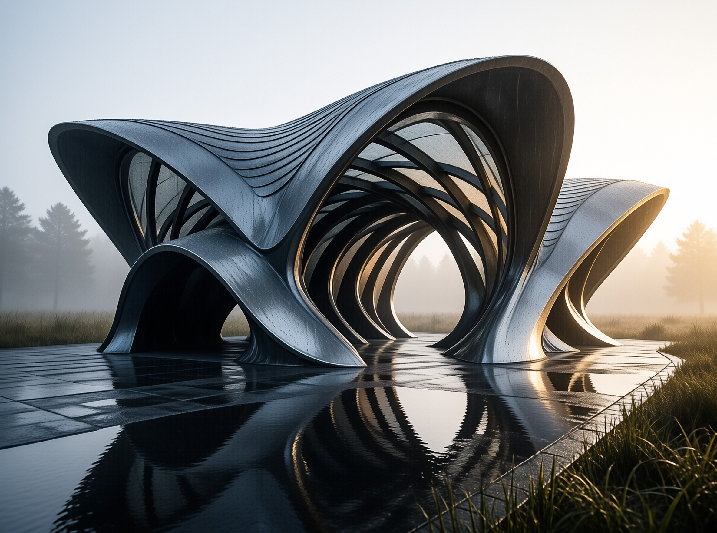 A curved metallic sculpture with layered ribbing stands in a foggy landscape with a reflection on the wet ground.