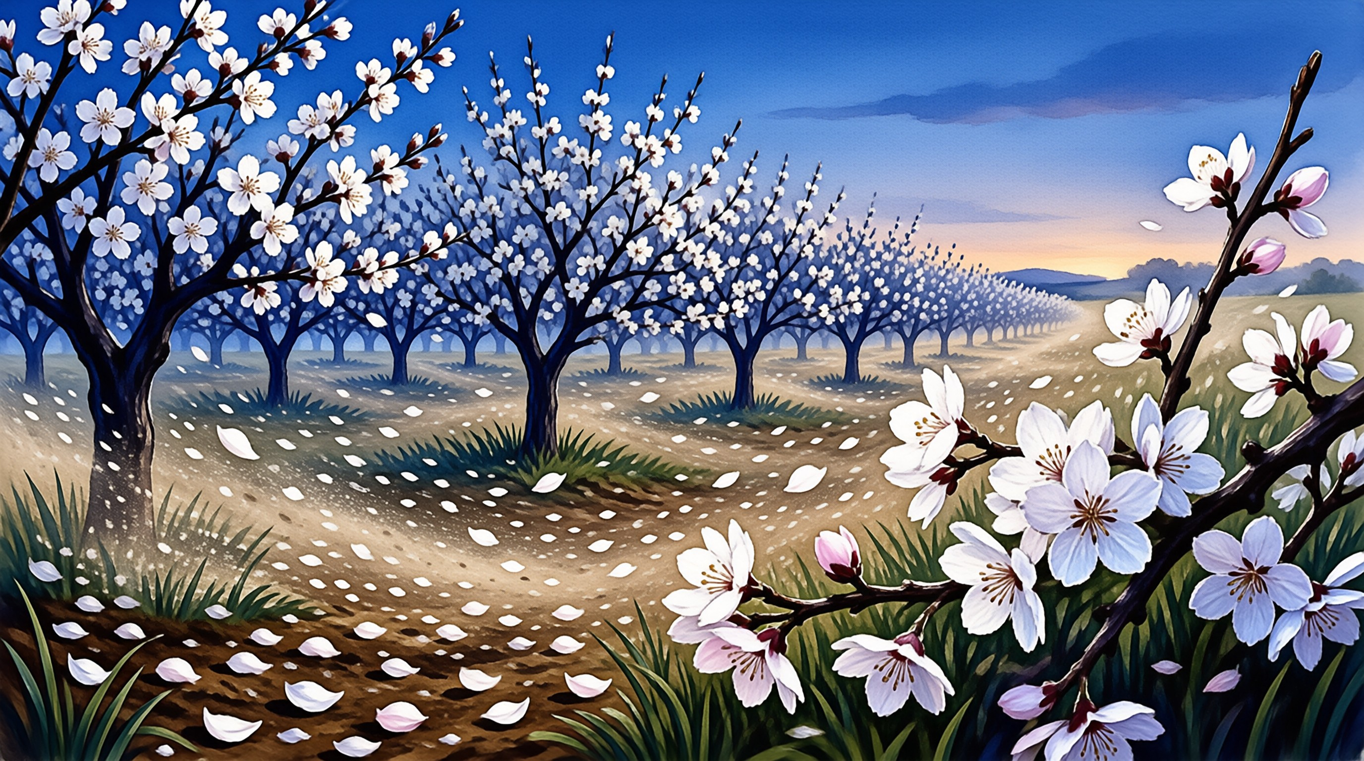 A stylized painting of white flowering trees in neat rows with scattered petals drifting across a dusk field.