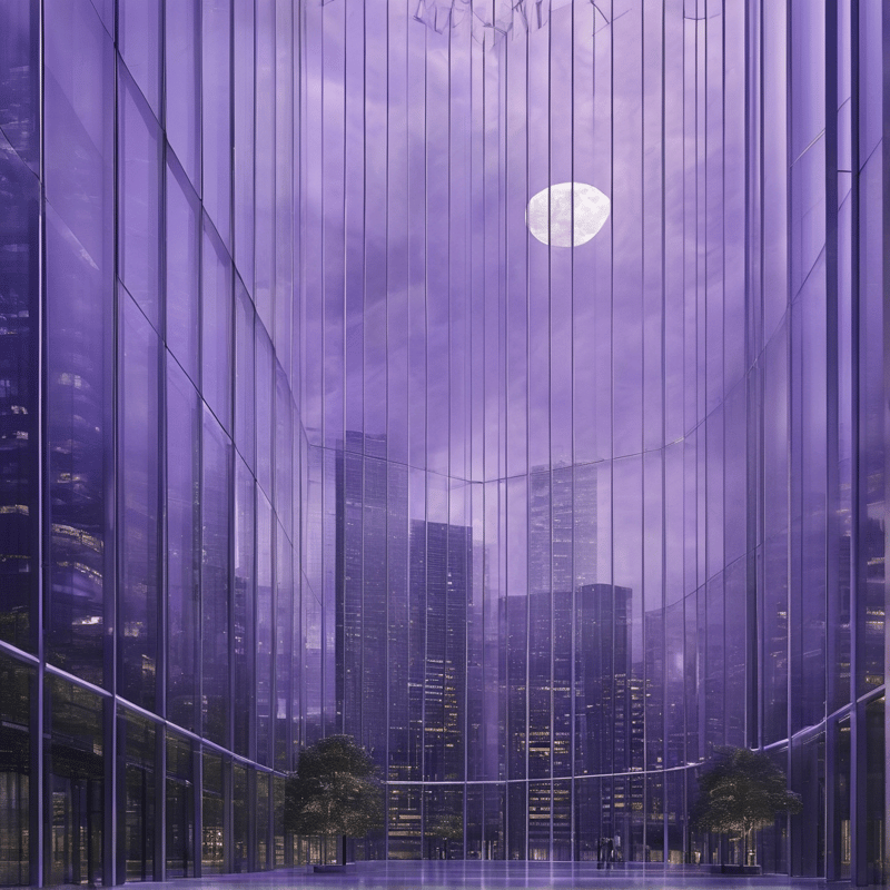 A full moon glows inside a curved atrium of purple mirrored skyscrapers above a calm reflective plaza.
