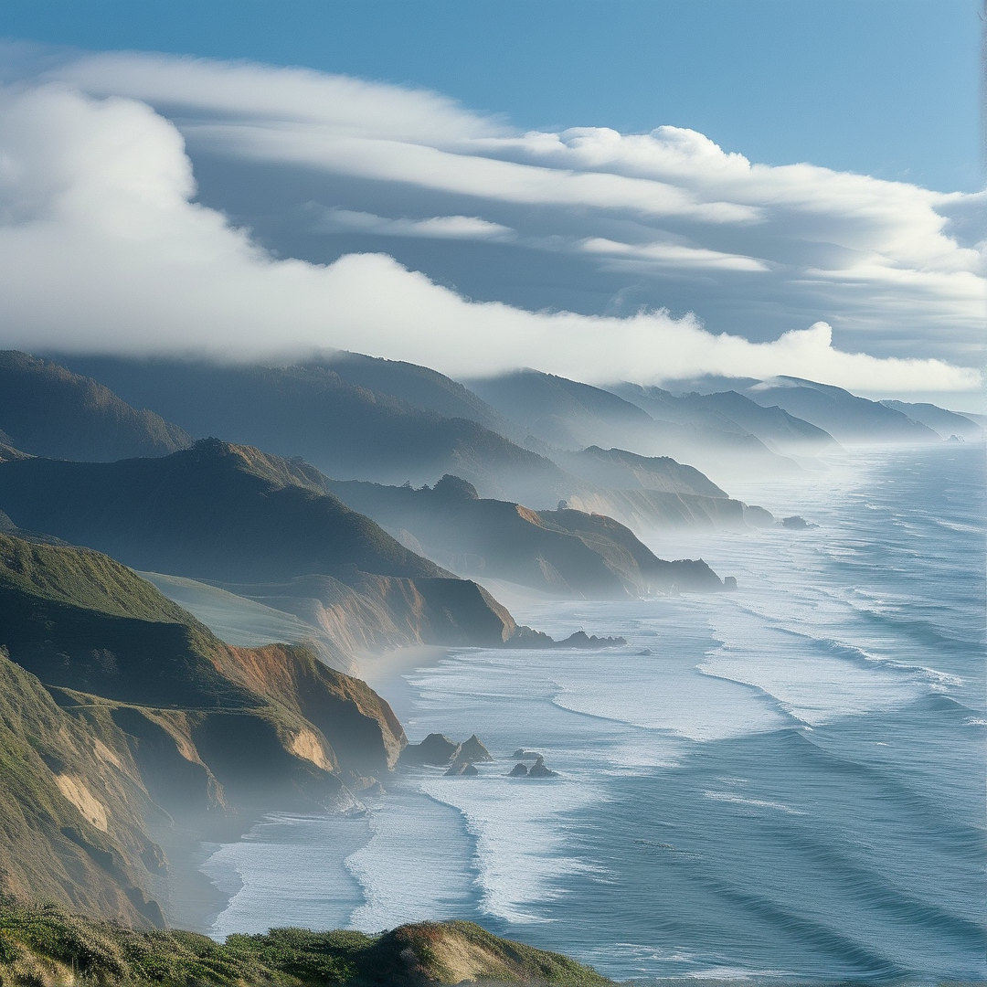 Layered green hills meet the sea as low white clouds float across the horizon and blue water waves.