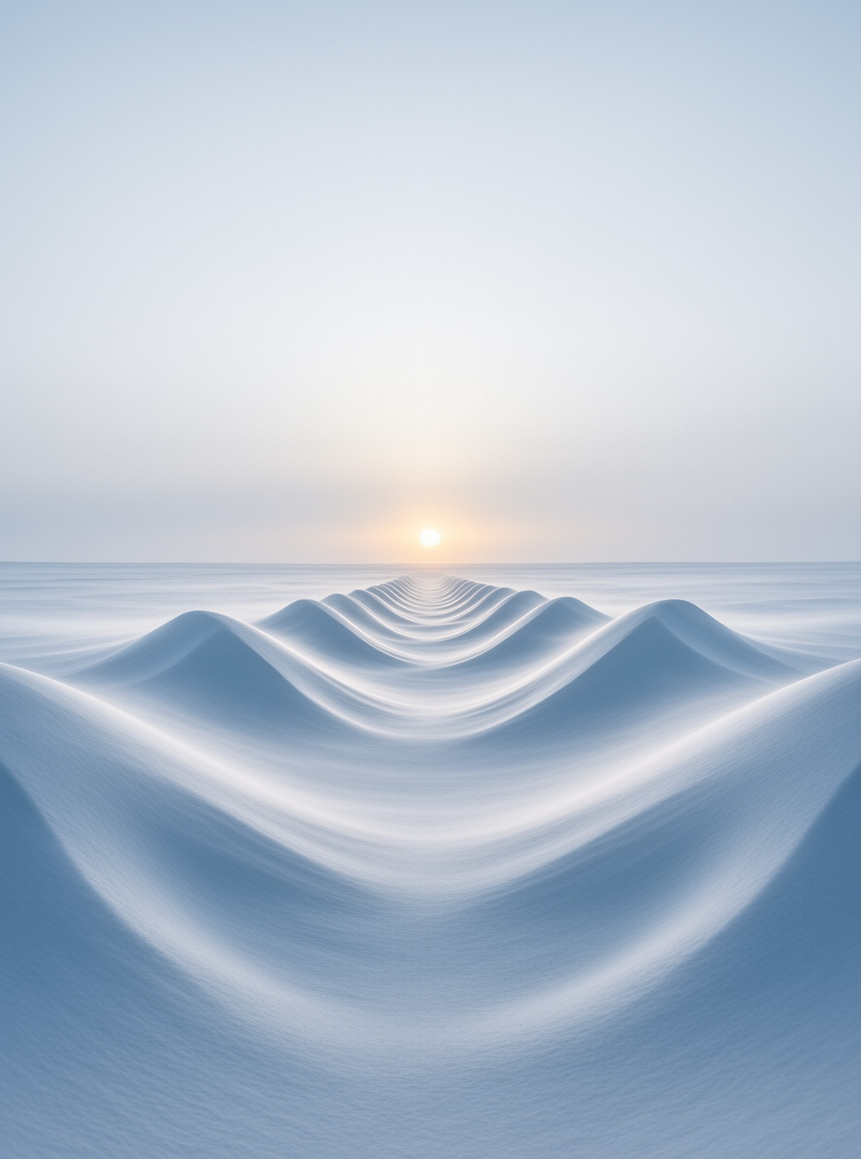 Smooth blue sand dunes form a symmetrical path leading the eye toward a bright glowing sun on the distant horizon.