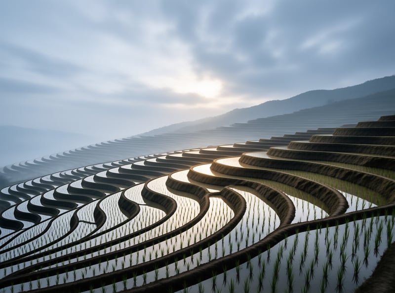 Curved water-filled rice terraces reflect a cloudy sky while surrounded by foggy mountain ridges.