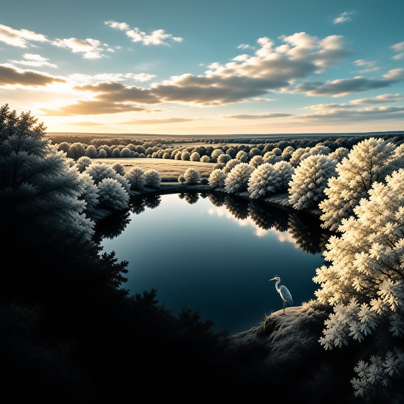 A solitary white bird rests on a rocky outcrop beside a mirror-like pond surrounded by snow-laden trees under a golden sky.