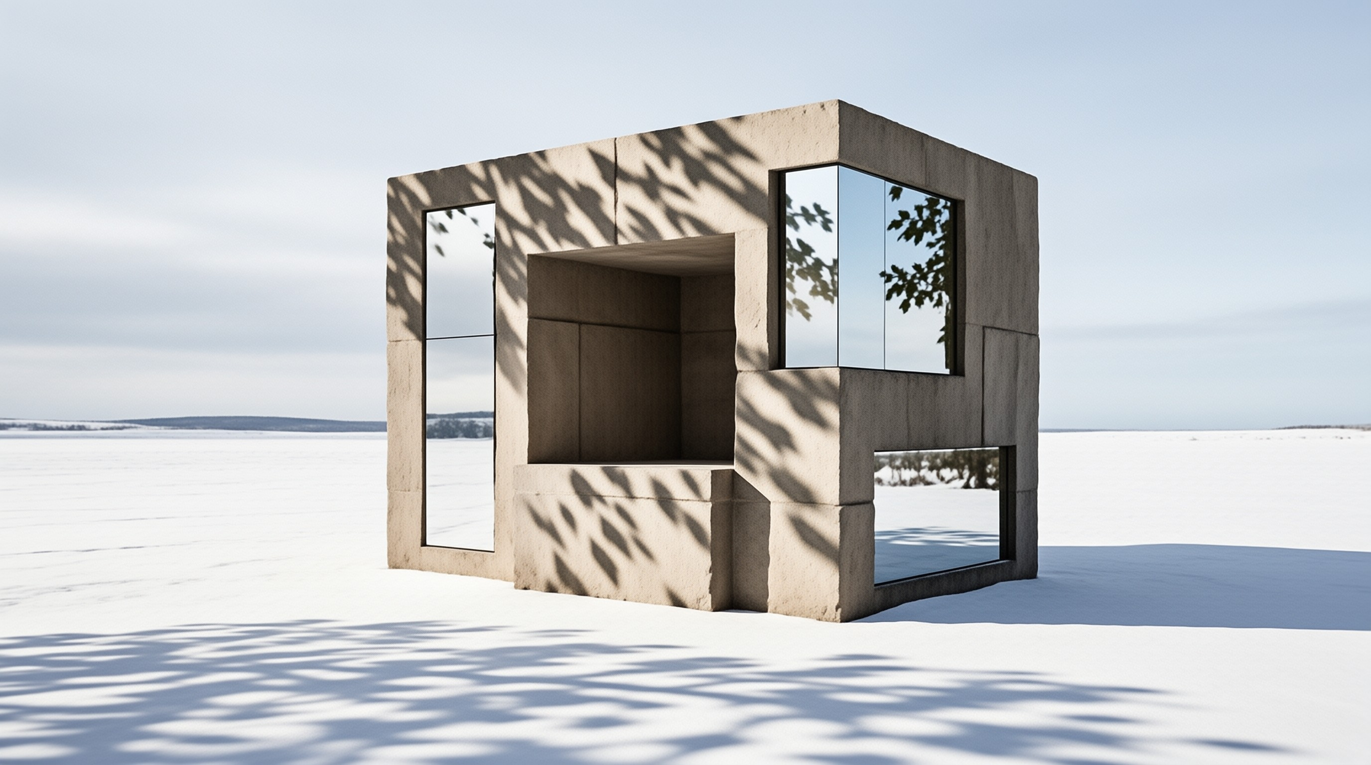 A minimalist concrete structure stands alone on a vast white plain with dappled tree shadows across its surfaces.