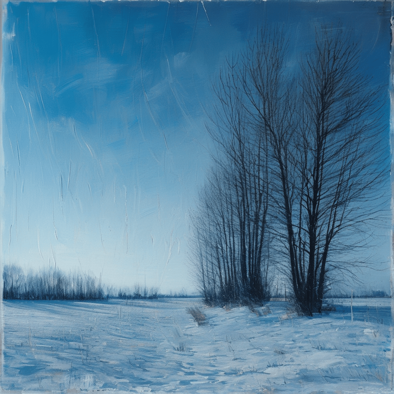 Painting of leafless trees standing on a snowy bank under a gradient blue winter sky with visible brushstrokes.