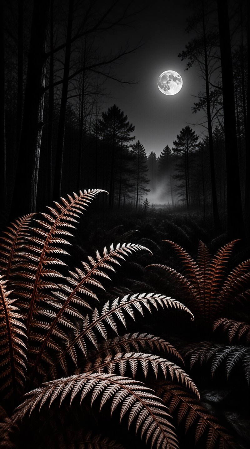 Bright moonlight shines on tall ferns in the foreground while dark pine trees stand in the misty background.
