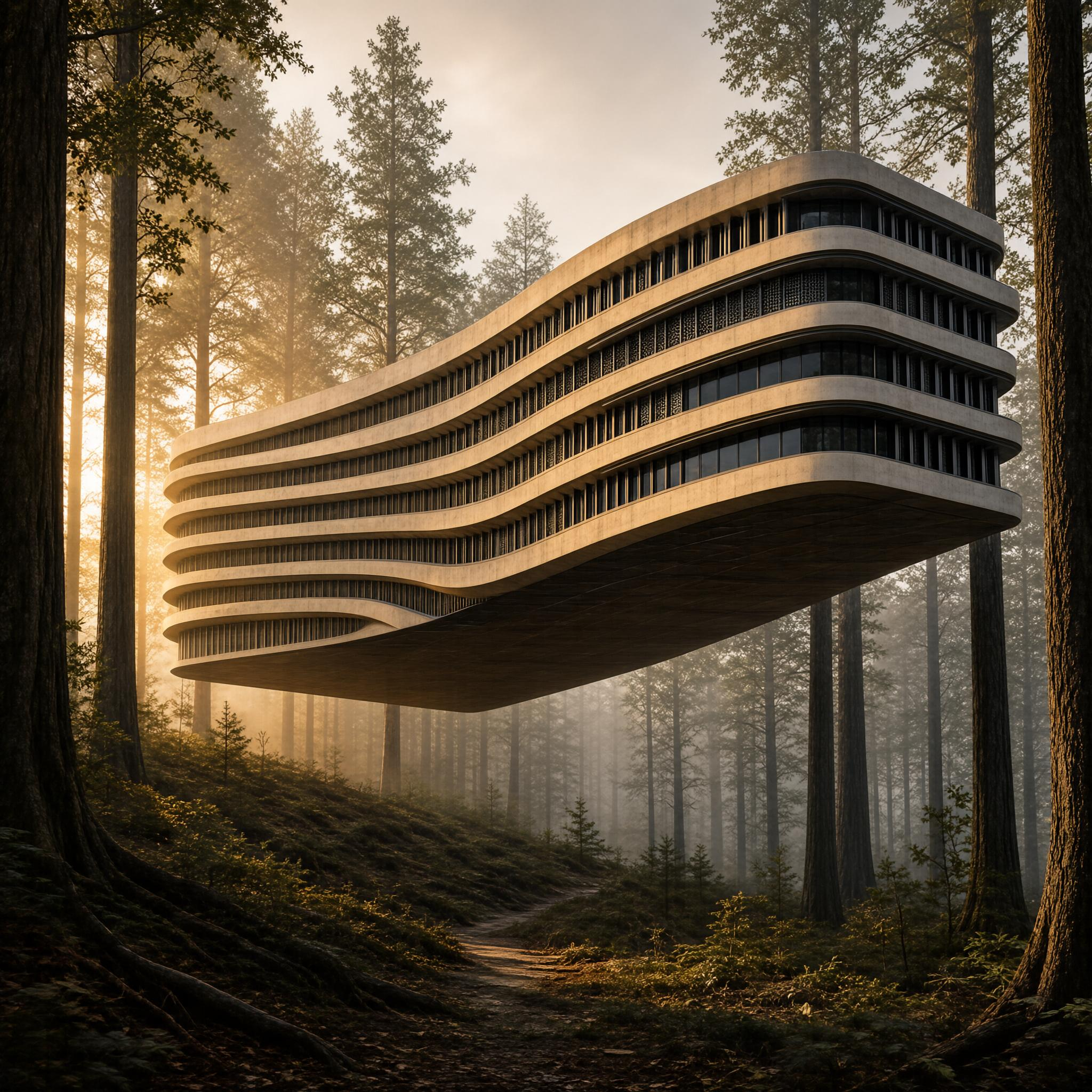 Modern Floating Building in Forest