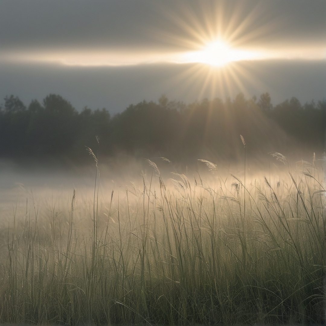 Misty Sunrise Over Grassland