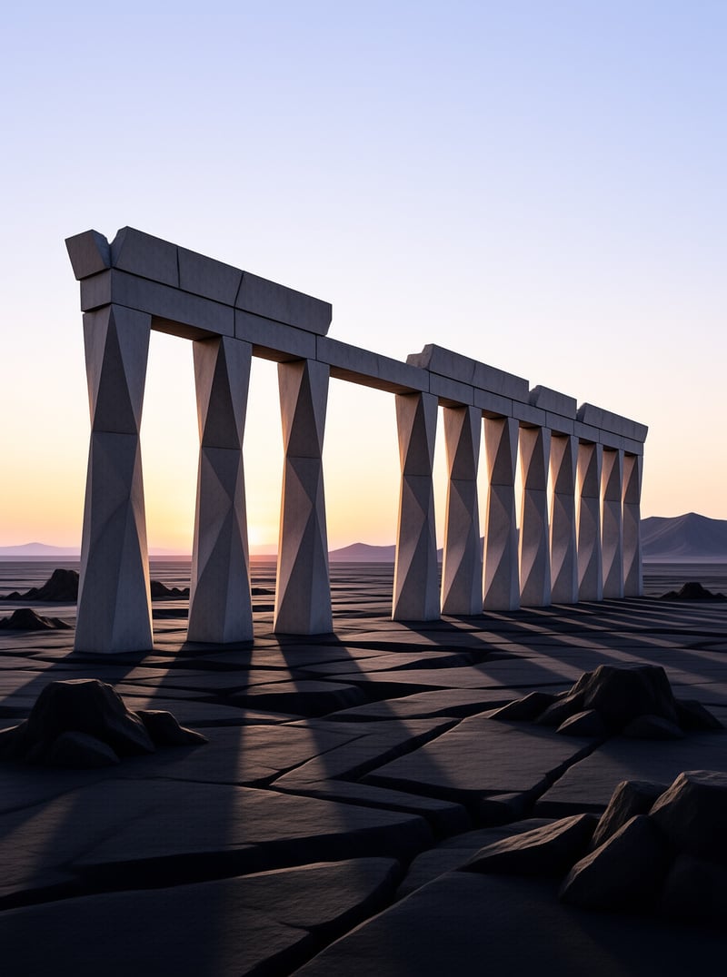 A row of angular stone columns supports a lintel across a cracked desert floor while the sun casts long shadows.