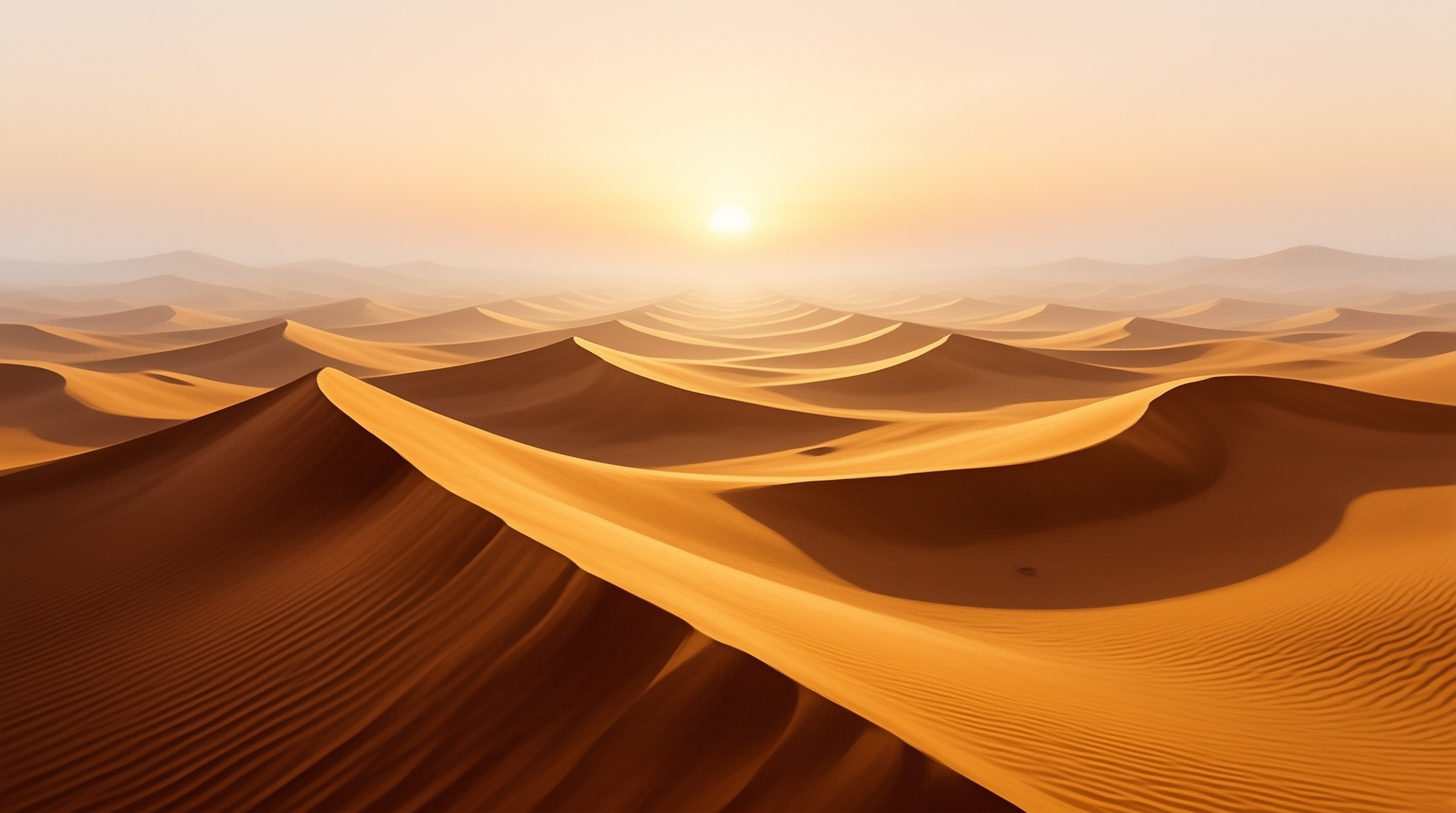 Rolling golden sand dunes stretch out across the vast empty desert, lit by the soft warm glow of a low hanging rising sun.