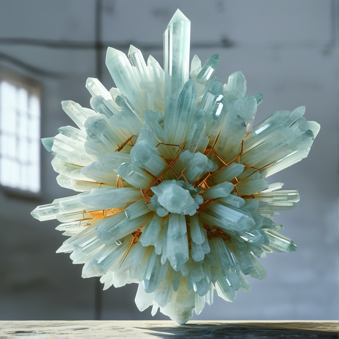 A large pale blue crystal formation supported by gold mesh rests on a wooden table lit by soft natural light.