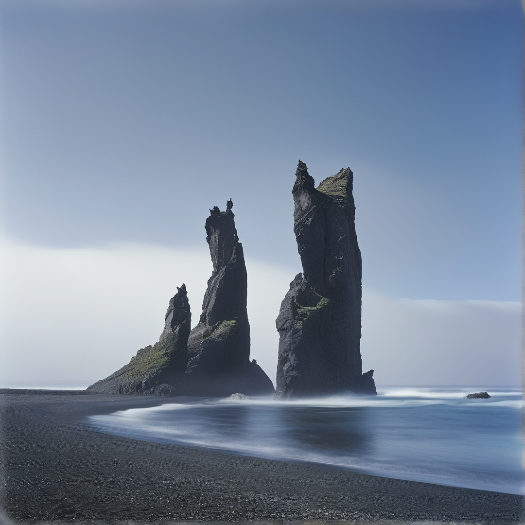 Smooth blurred ocean waves lap at dark pebble beach where tall jagged dark volcanic sea stacks stand against a pale hazy sky.