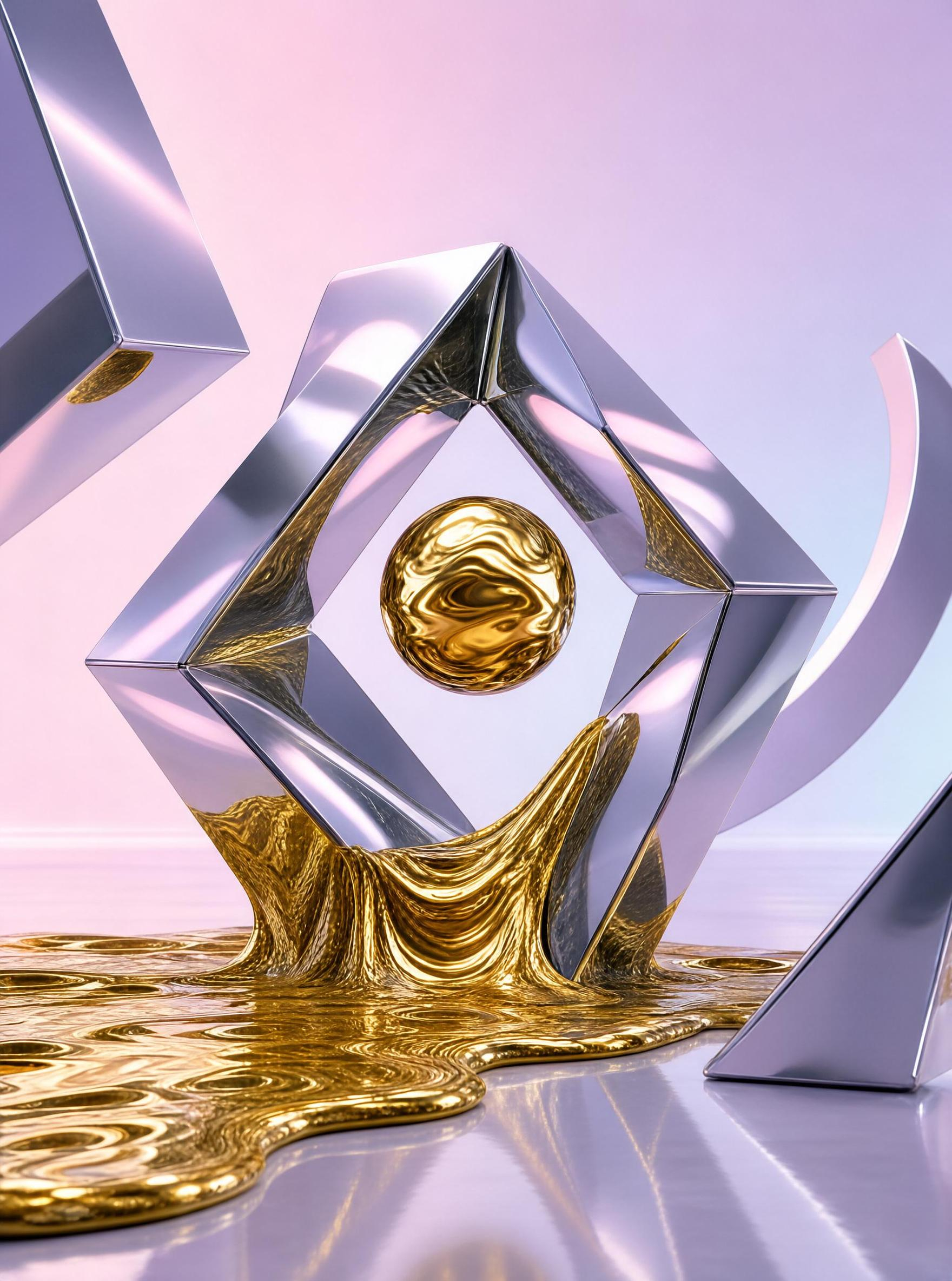 Metallic Geometric Art with Gold Liquid