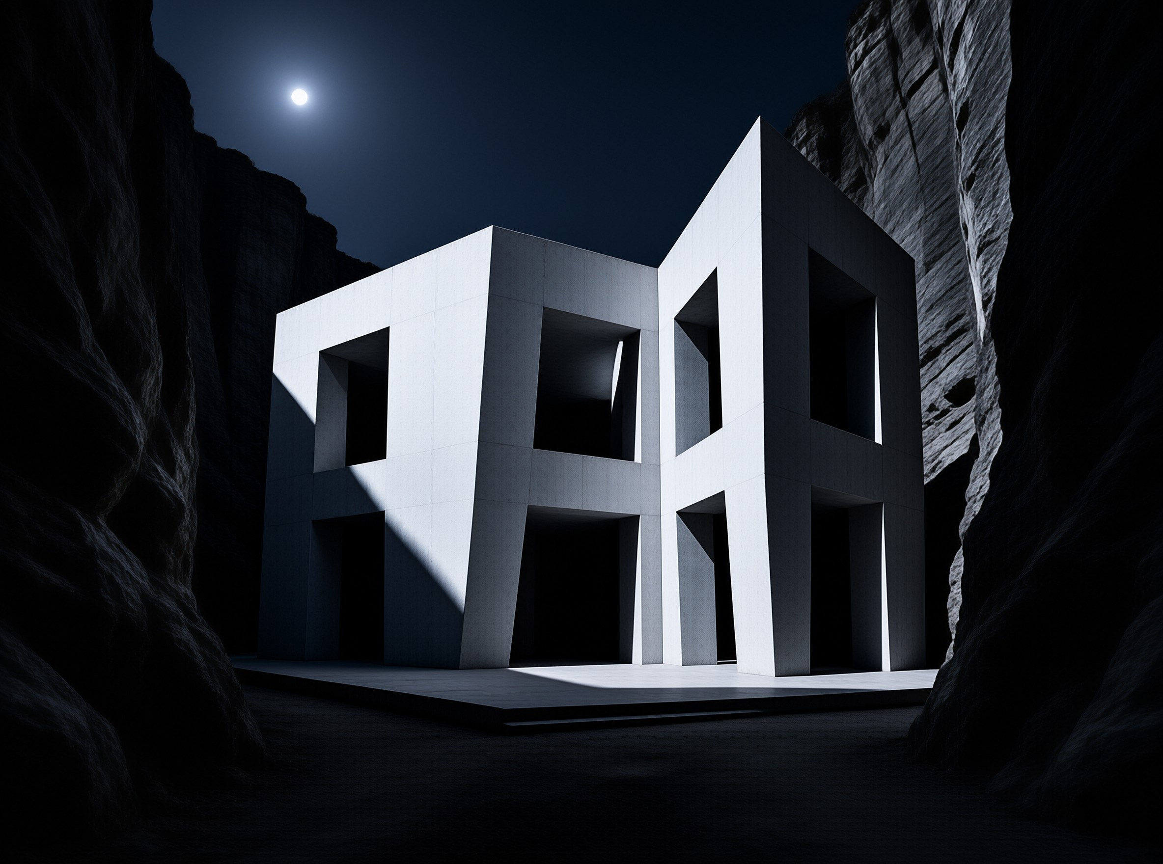 A stark white building with deep rectangular voids stands illuminated by a bright light source within a narrow canyon.