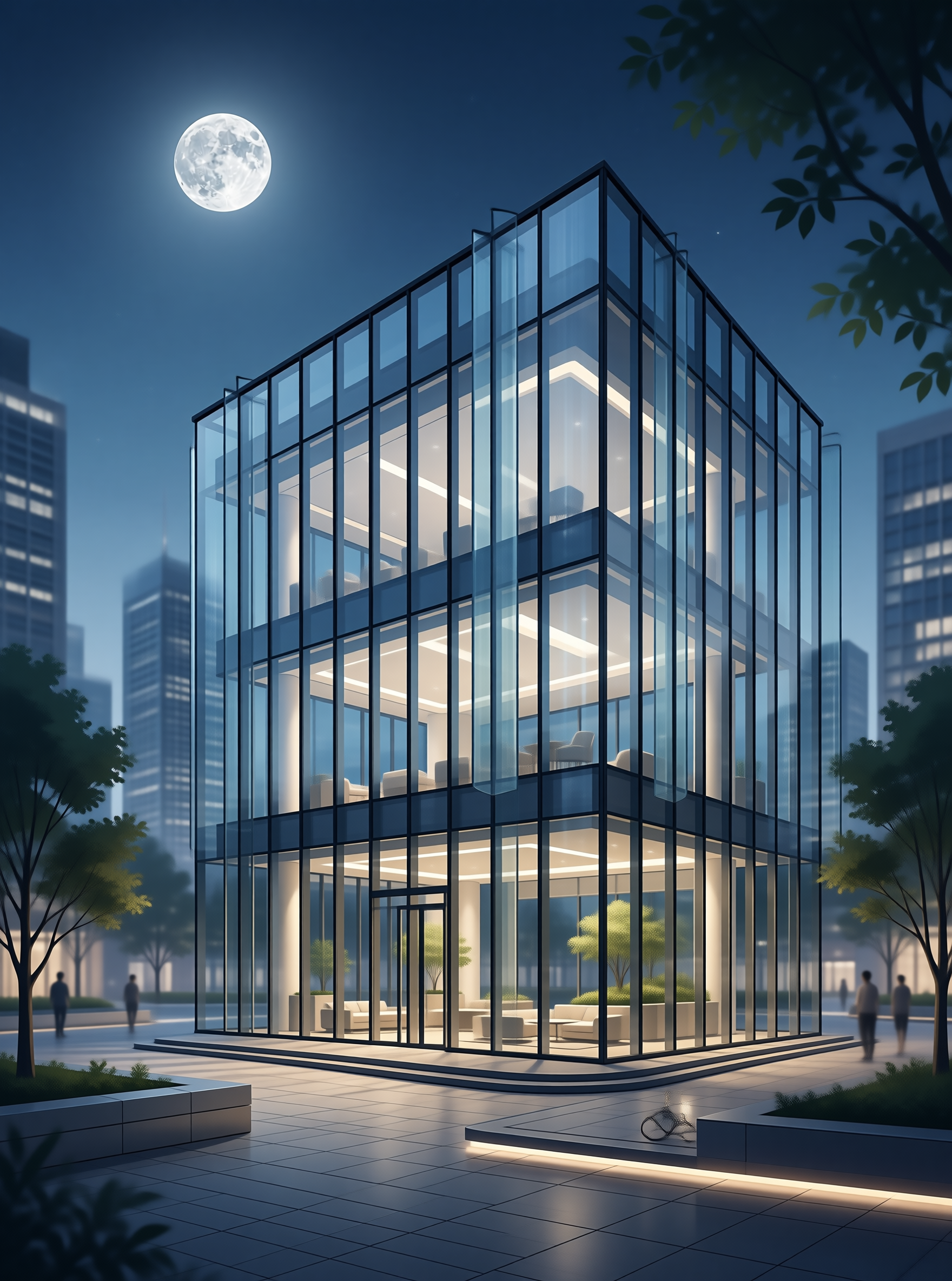 Glass Pavilion in Moonlit City