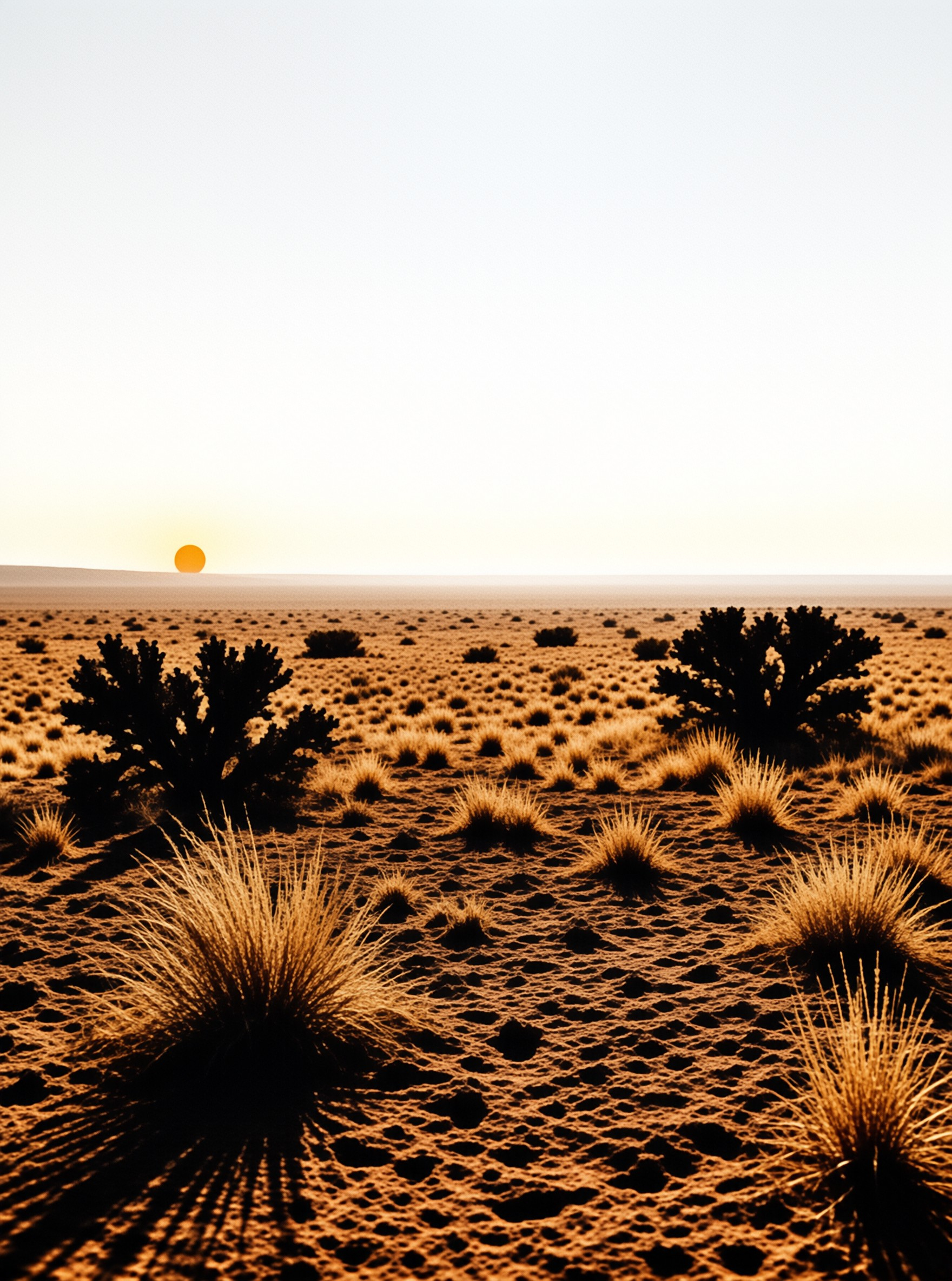 Dry terrain dotted with low shrubs and a bright orange sun hovering just above the flat distant horizon.