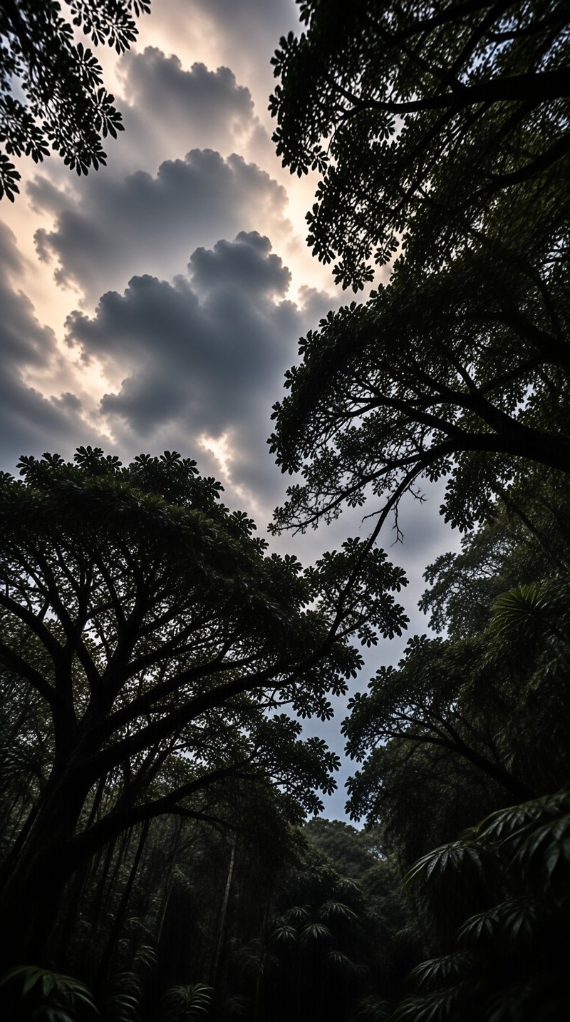 Dense tree branches silhouette against a dramatic sky filled with clouds.